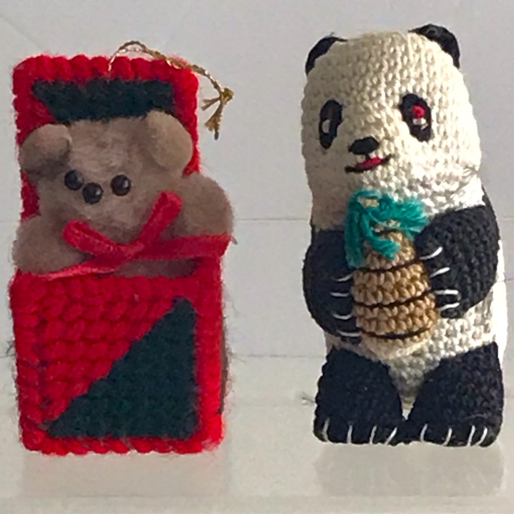 A Set of 2 Mini Knit/Crochet Ornaments - Present w/Bear & Panda Bear - VTG